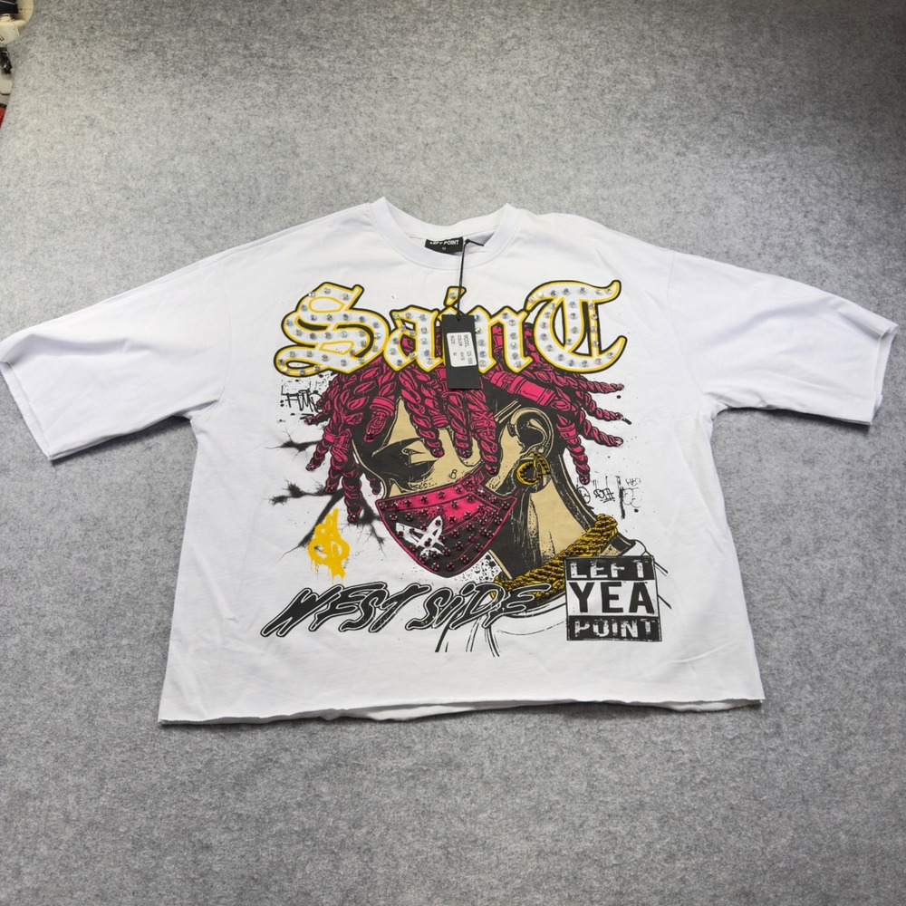 Left Point T-Shirt Mens M White New Saint West Side Rhinestone Graphic Tee